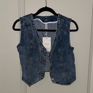 Denim Button-Front Vest in Medium Blue